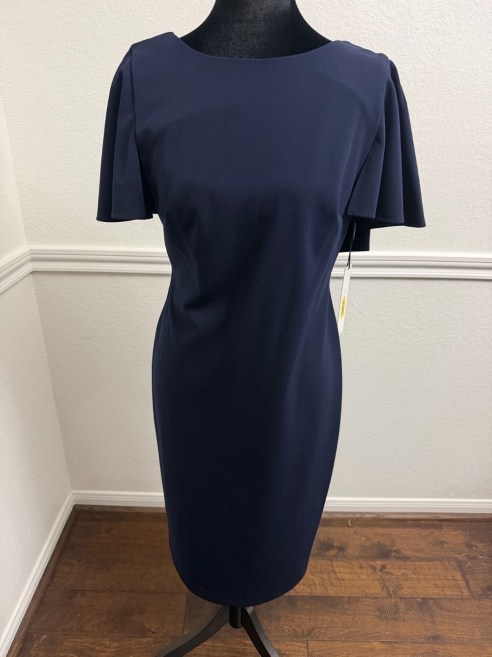 Calvin Klein Navy Sheath Dress with Flutter Sleeves